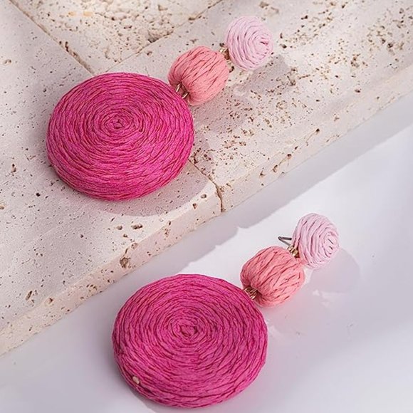 Chunky Pink Gradient Raffia Earrings Wicker Bold Retro Statement Dangle 80s New - Picture 2 of 8